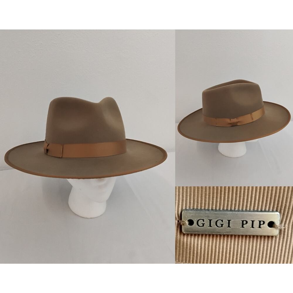 Gigi Pip Wide Brim Fedora Hat Women's 59 Beige 100% Australian Wool #W4708